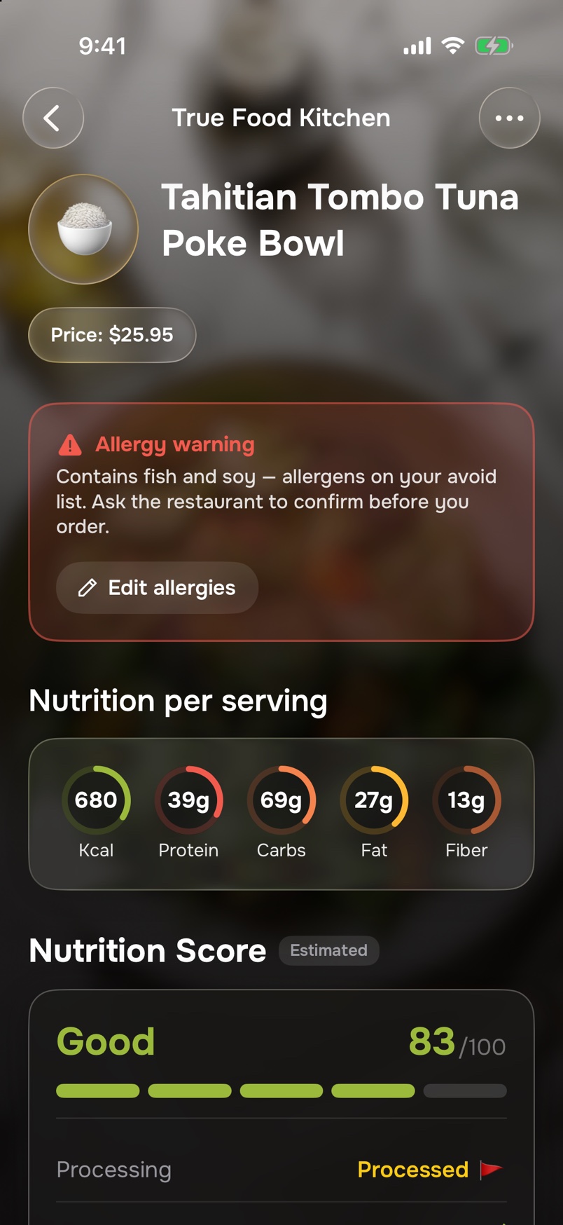 The Tahitian Tombo Tuna Poke Bowl opened in MenuRight: an Allergy warning says it contains fish and soy, allergens on the avoid list, and asks to confirm with the restaurant before ordering, with an Edit allergies button; below, its estimated nutrition and its Nutrition Score.