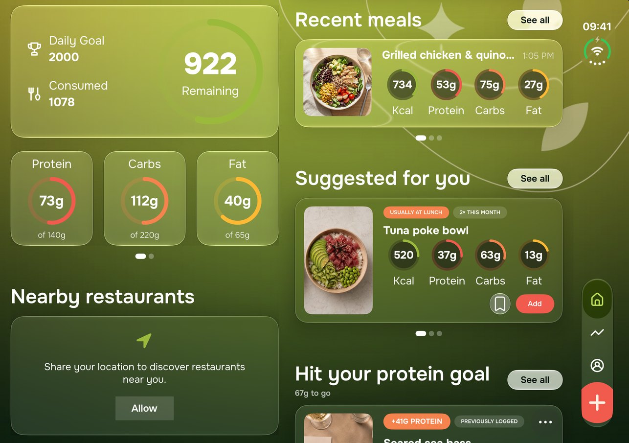 MenuRight’s dashboard in two columns. On the left, 922 calories remaining of a 2,000 goal, 1,078 consumed, with protein, carbs and fat against their targets, and Nearby restaurants asking to share the location. On the right, the grilled chicken and quinoa power bowl under Recent meals, a tuna poke bowl suggested for you, and Hit your protein goal, 67 g to go.