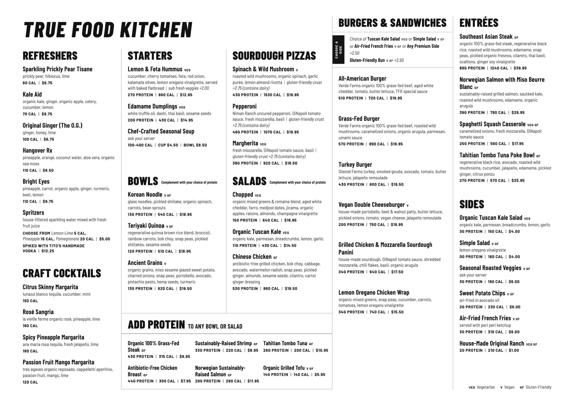 True Food Kitchen’s printed menu: columns of drinks and dishes under headings such as Starters, Bowls, Salads, Entrées and Sides, with their ingredients, calories and prices.