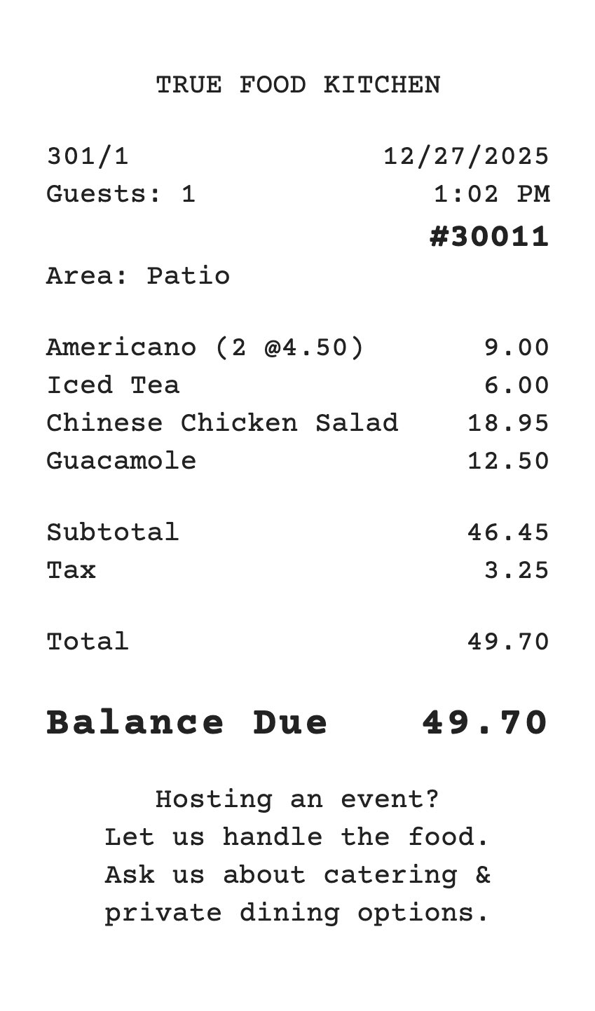 A printed True Food Kitchen receipt: Americano (2 at 4.50) 9.00, Iced Tea 6.00, Chinese Chicken Salad 18.95, Guacamole 12.50; subtotal 46.45, tax 3.25, balance due 49.70.